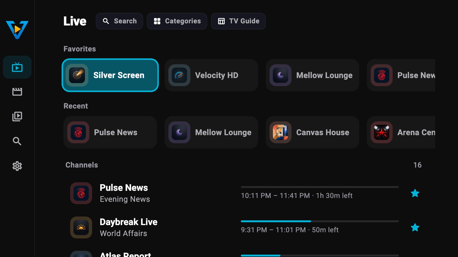 VizoPlay on Android TV, showing live channels with what's on now