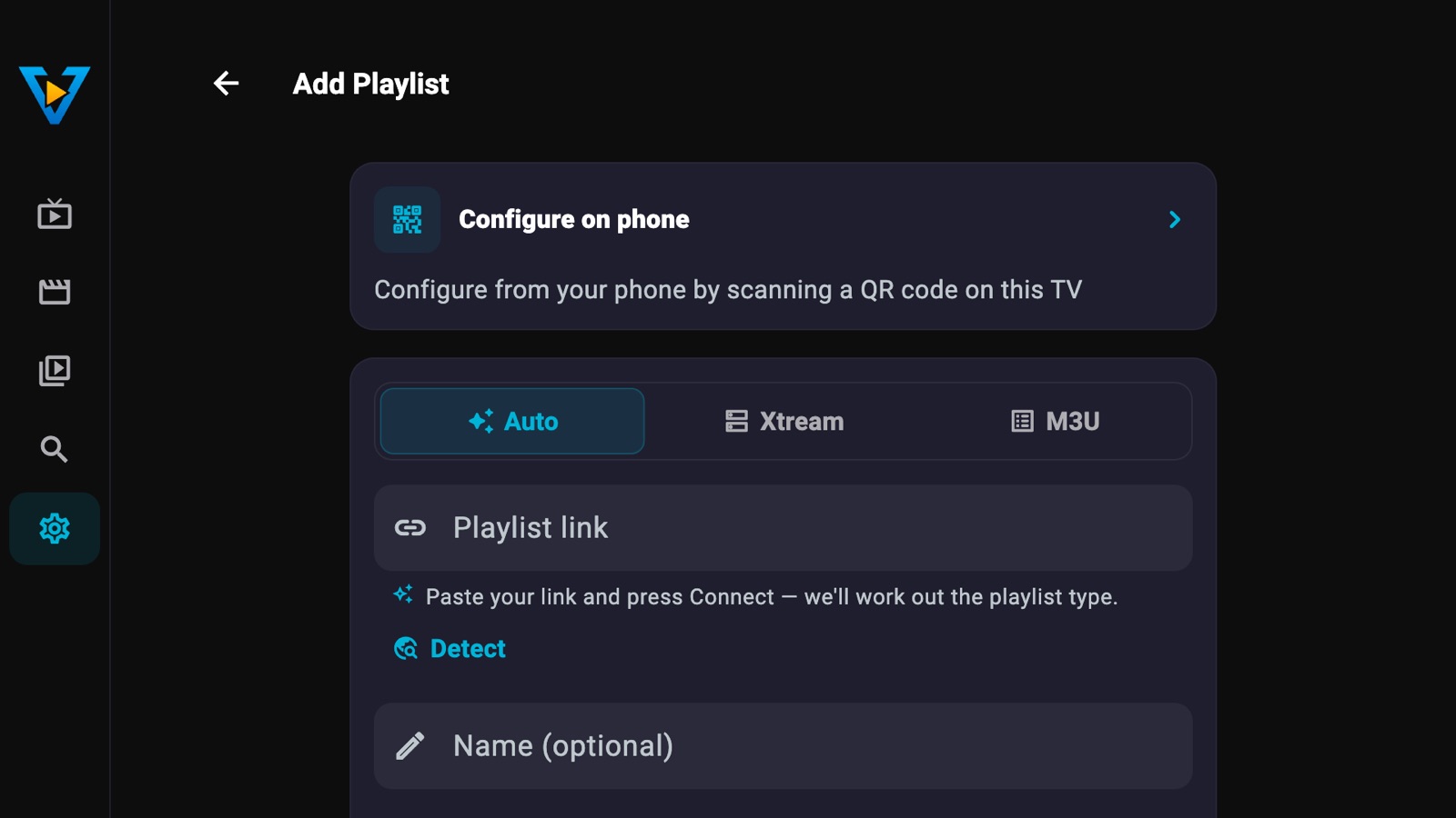 VizoPlay on Android TV: the Add Playlist screen with the Configure on phone option